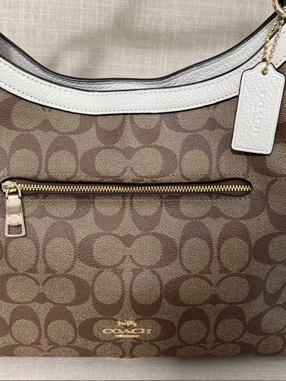 Coach Kristy Signature Canvas Shoulder Bag with White Panels & Snakeskin Trim